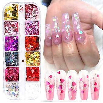 Laser Holographic Heart Nail Art Glitter Set 12Grid Mixed Size Colorful Sequins for Acrylic Nails