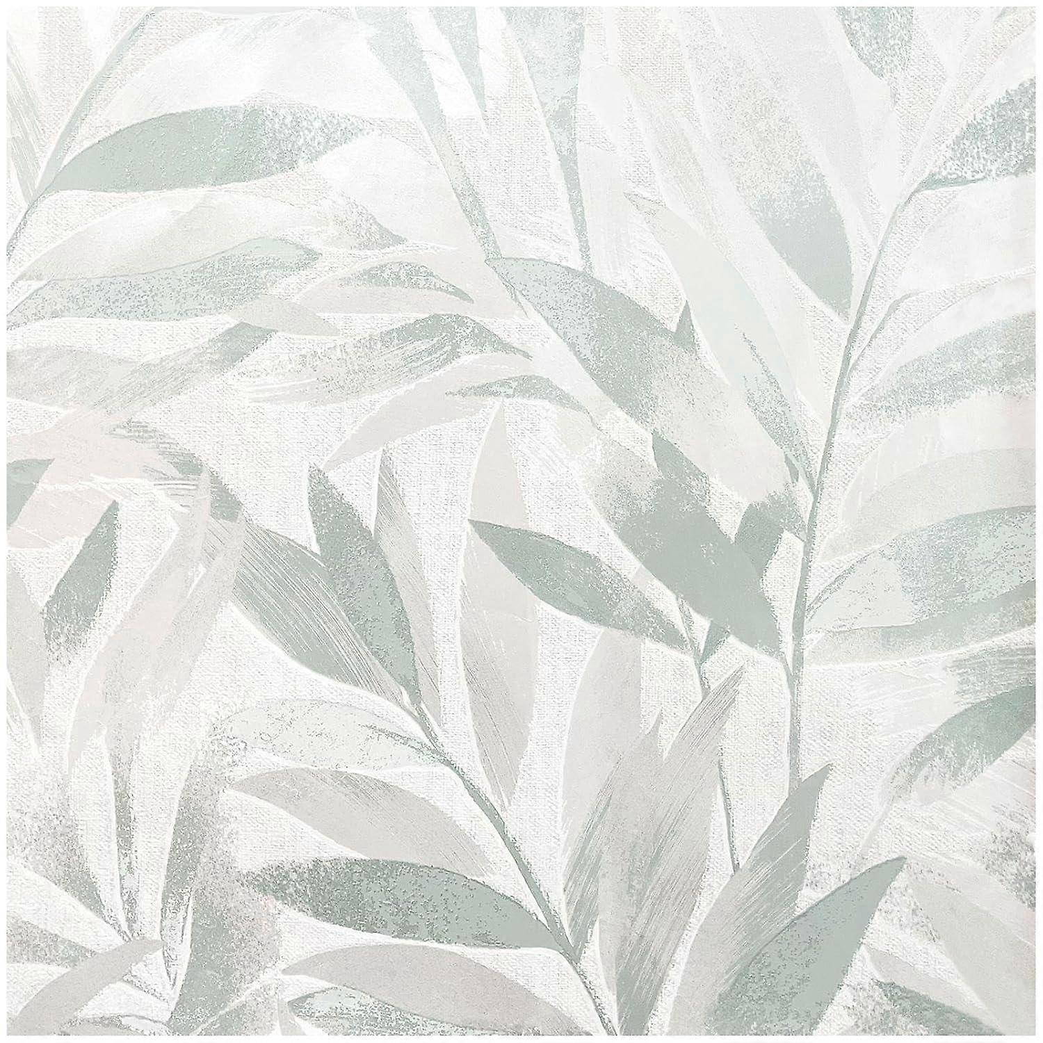 Cream Green Textured Leaf Wallpaper
