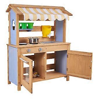 Matschküche, Matschküche für Kinder im Freien, Spielküchen aus Holz für draußen mit Löffeln, Spülbecken, Wassertank, Sonnenschutzdach und Schaufeln