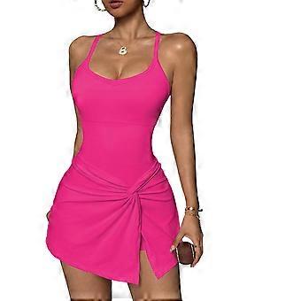 Vestido de tênis com shorts internos, sem mangas, decote redondo baixo, ideal para treinos, exercícios em clima quente e uso diário, roxo, tamanho P.