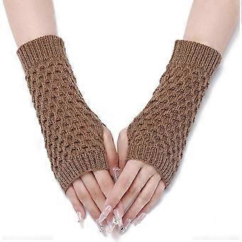 2 Pairs Winter Warm Fingerless Gloves Acrylic Knitted Fiber Yarn with Thumb Hole Camel 200x80mm Soft Comfortable Handwear Cold Weather Outdoor