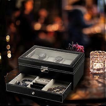 Multi-Functional Watch Box, Double Layer 12-Slot Design, Dark PU Leather with Clear Glass Window, Showcases and Protects Your Watches