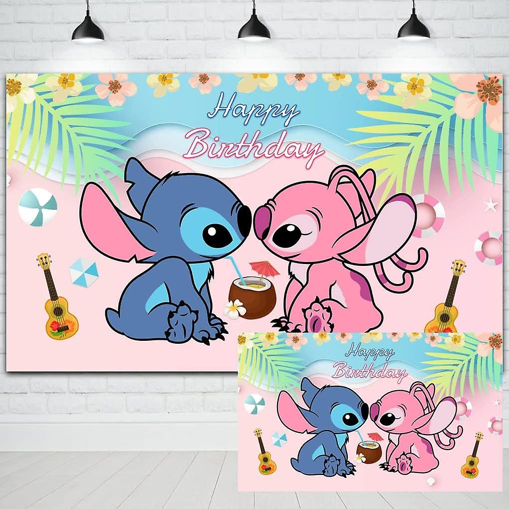 Stitch and Angel Happy Birthday Backdrop for Birthday Party Decorations Summer Tropical Hawaiian Beach Party Decorations Supplies Banner 5x3ft