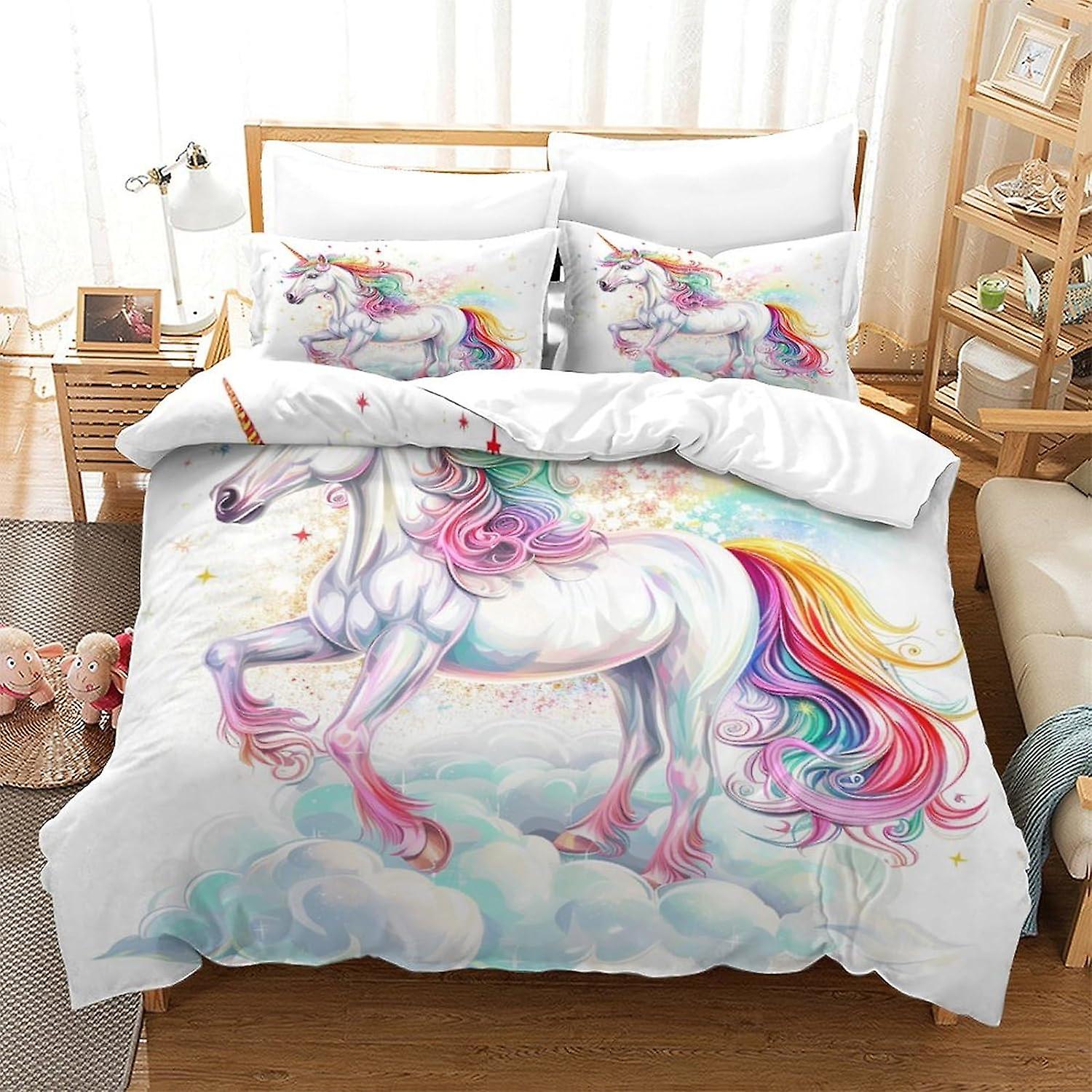 Housse De Couette Licorne Arc-en-Ciel 240x260cm Homewish - Parure De Lit 100% Coton Pour Filles, Douce Et Magique Avec Taies D'Oreiller