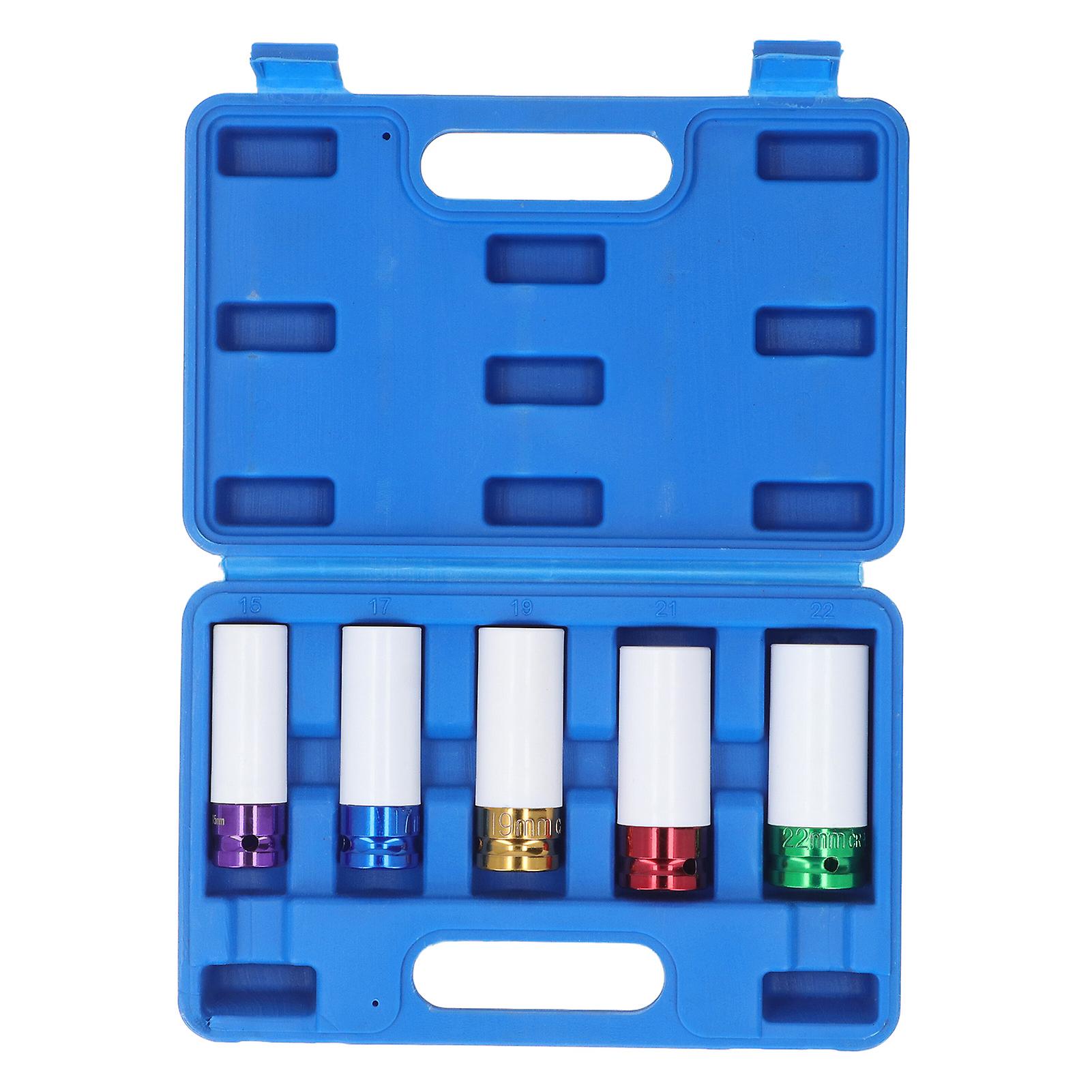 5Pcs Impact Socket Set, 15 17 19 21 22mm 6 Point Wheel Nut Socket Set Set for 1/2in Drive