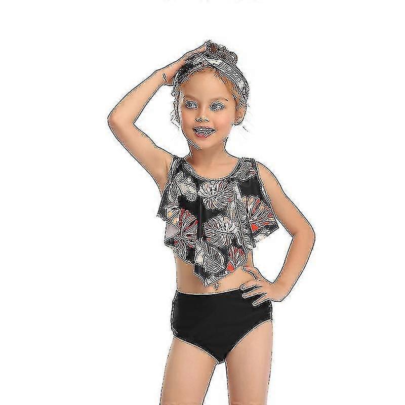 Schwarzer Print Volant Design Mädchen Bikini Badeanzug