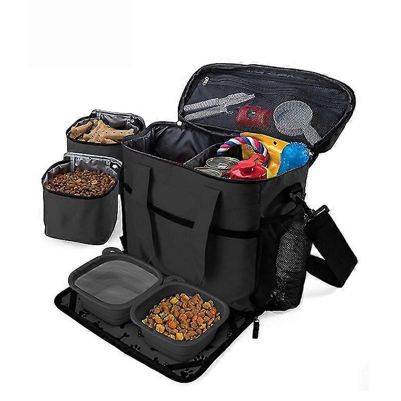Dog Travel Bag Accessories Supplies Organizer 5-Piece Set with Shoulder Strap | 2 Lined Pet Food Containers, 2 Collapsible Feeding Bowls. Everyday Do