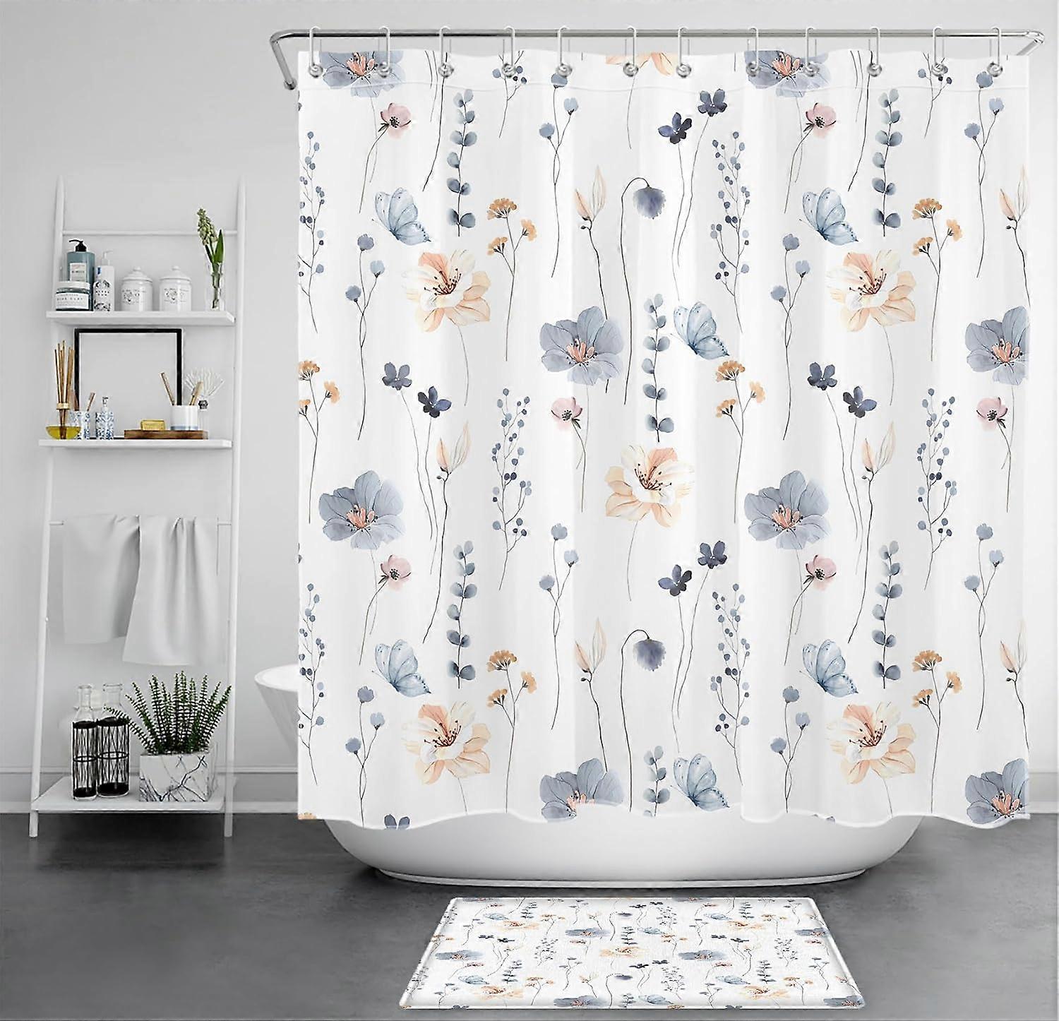 Blue Floral Shower Curtain Sets with Rugs Beige Wildflower with Eucalyptus and Butterfly on White Fabric Shower Curtain with Hooks Watercolor Botancia