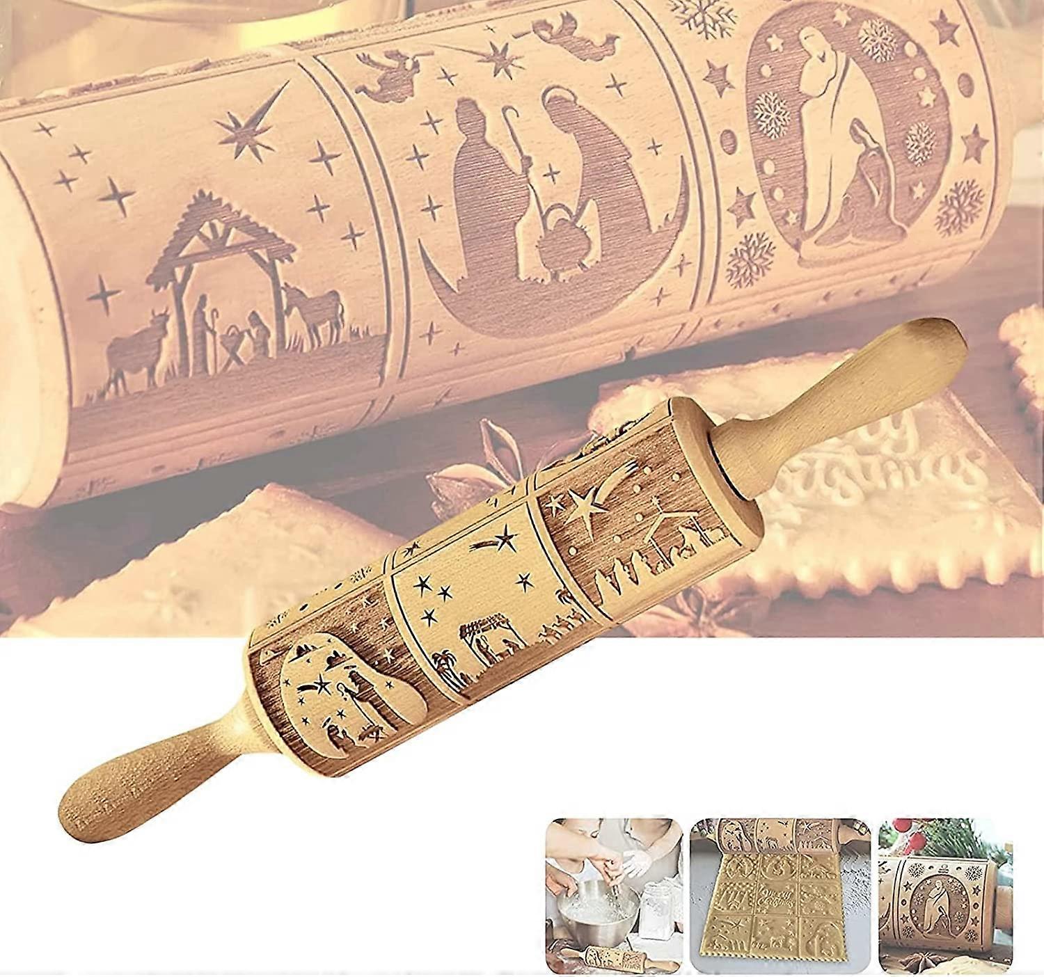 Christmas Embossed Rolling Pin Embossing Rolling Pin Nativity Pattern43*4CM