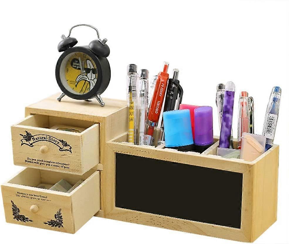 Multi-FunctionWooden Pencil Holder with Chalkboard, Multi-Function Pen Holder with Creative Message Board, Pencil Storage Box with Blackboard