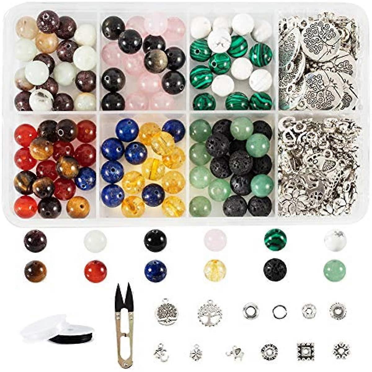 120Pcs Natural Gemstone/Lava Beads 60Pcs Alloy Spacer Beads 50Pcs TibetanStyle Alloy Pendants 50Pcs Jump Rings 2 Rolls Elastic Strings and 1 Pc Sharp
