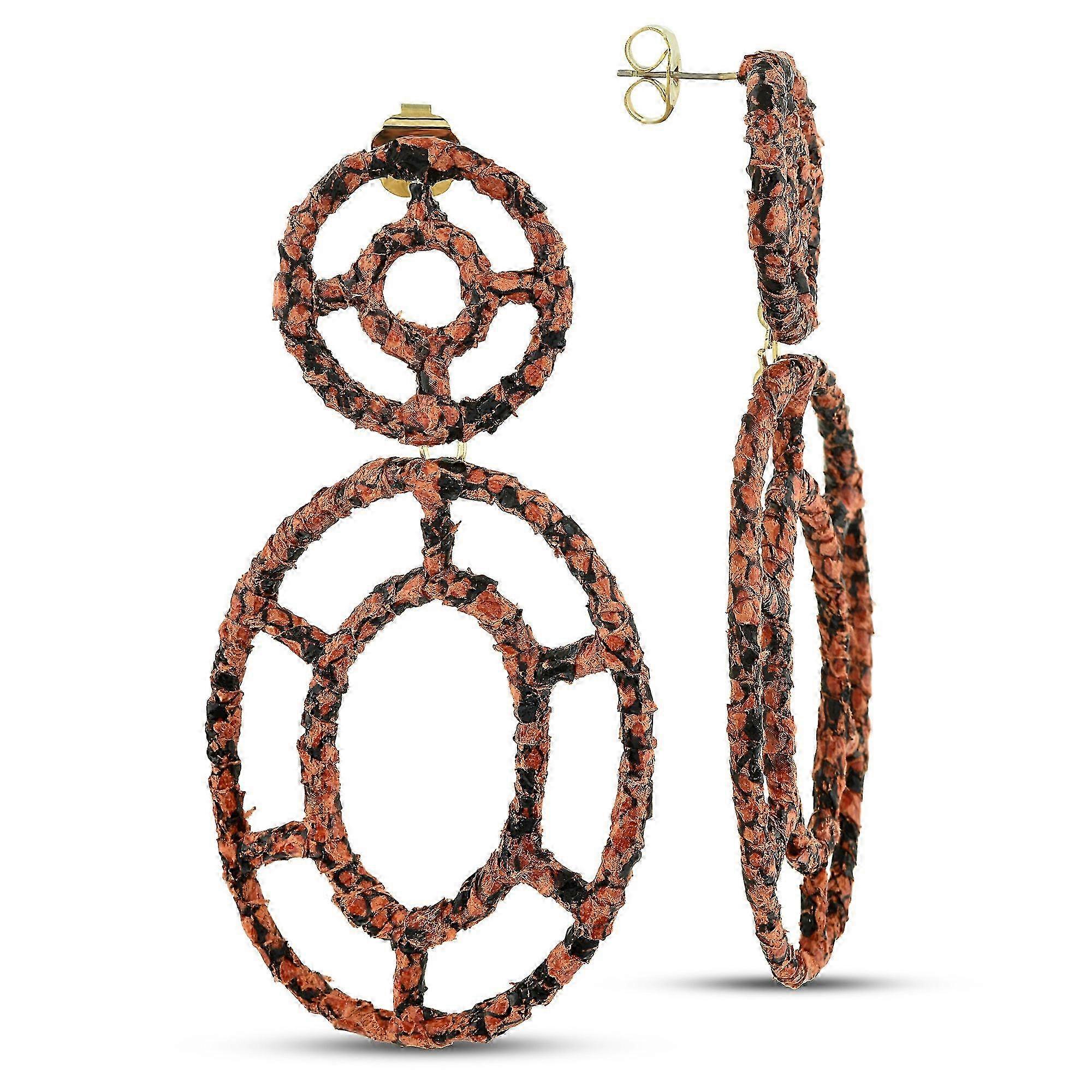 Snakeskin Leather Oversize Dangle Earrings - Double Hallow Oval Drop Earrings