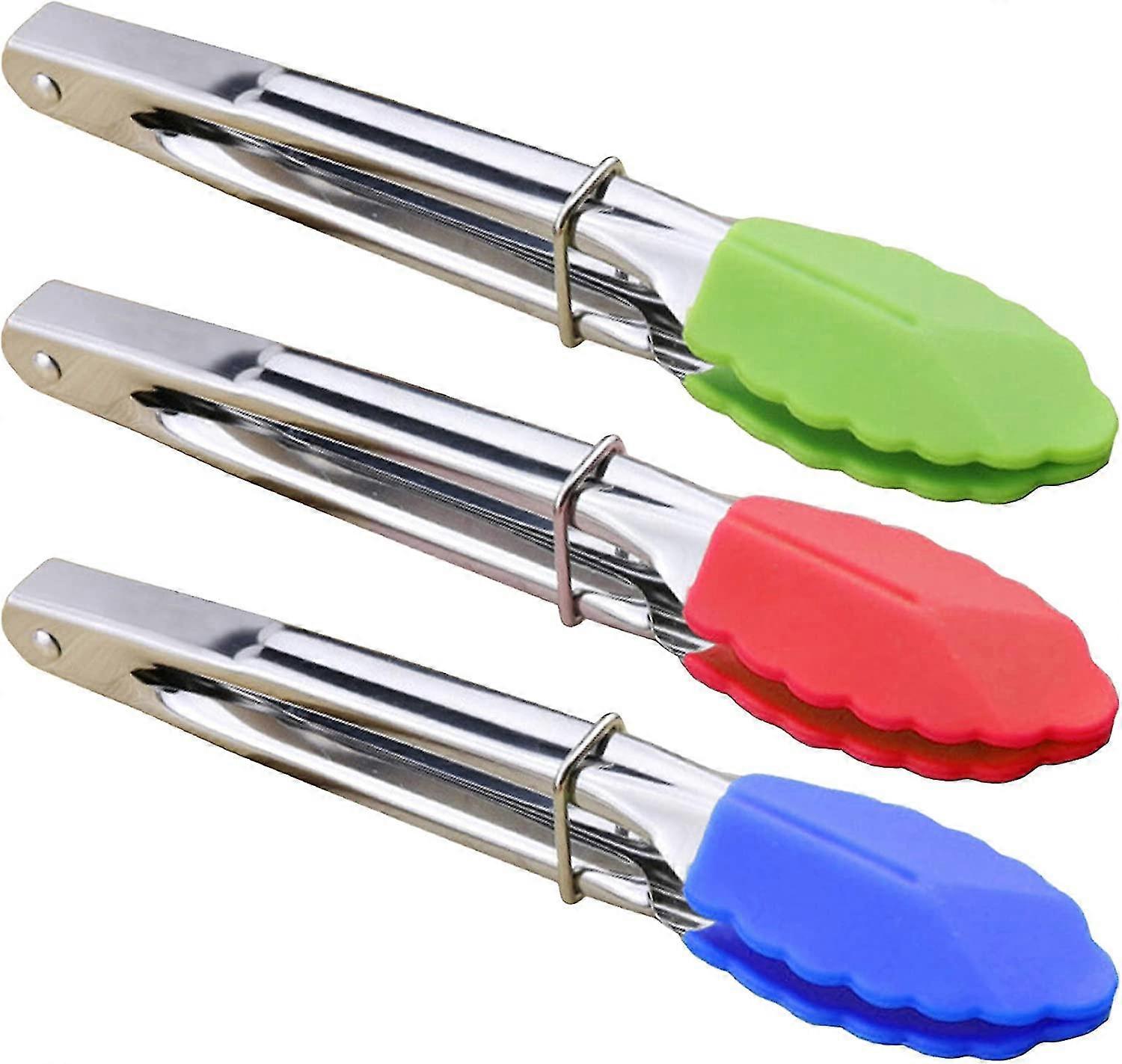 Mini Tongs With Silicone Tips 7-inch Serving Tongs, Set Of 3 (green Red Blue)