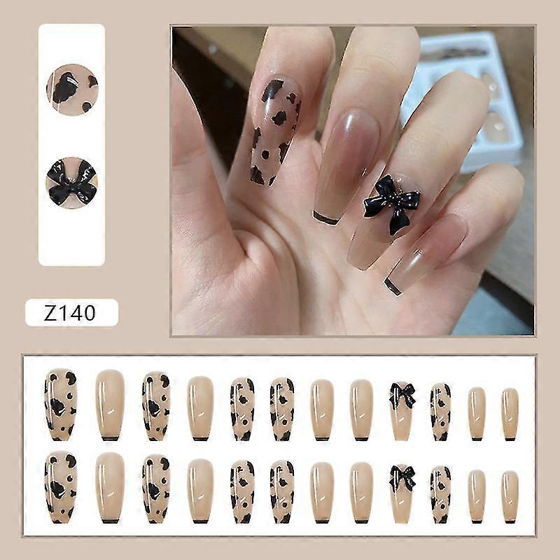 24PCS Black Bow Nail Patch Sweet Style Glue Type Removable Long Paragraph Manicure Save Time False