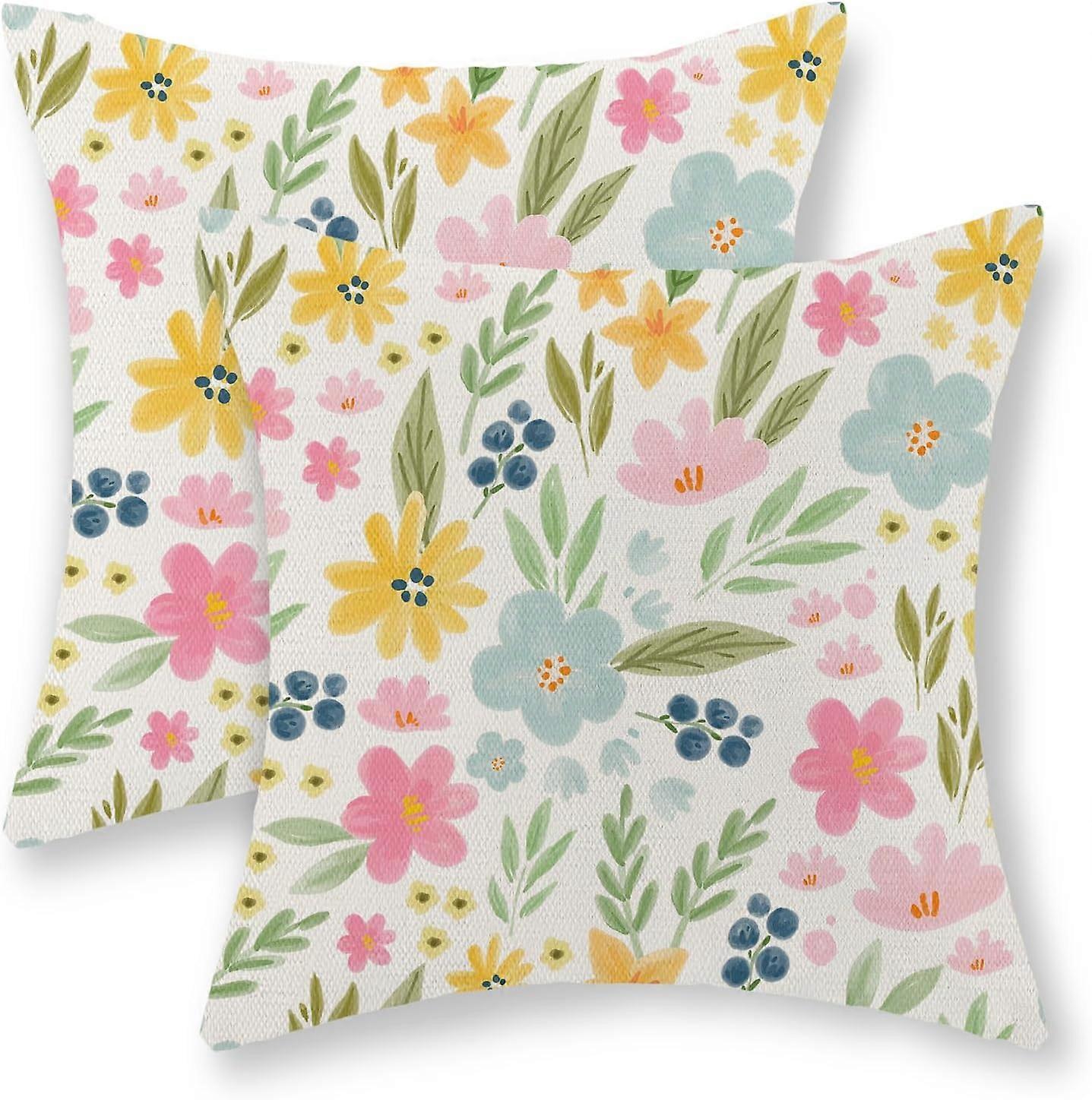 أغطية وسادة الربيع 20 × 20 مجموعة من 2 ، ألوان مائية صفراء وردية زرقاء زهور رمي الوسائد الصيف ربيع الأزهار ورقة طباعة ديكور وسادة مزرعة خارج