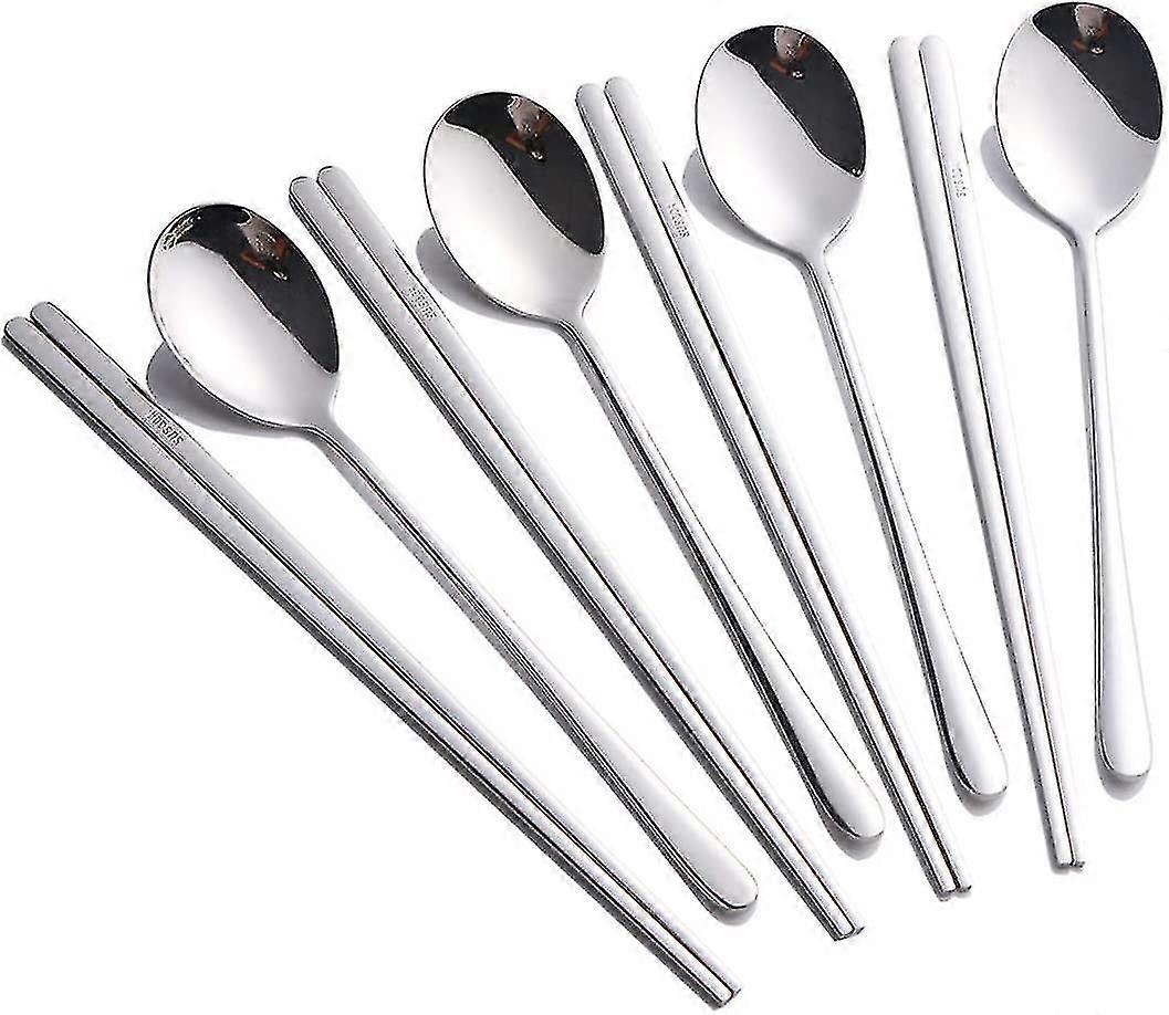 4 Set Cucchiai E Bacchette Set Da Cena In Acciaio Inossidabile Bacchette Coreane Set Cucchiai (8 Pezzi Argento