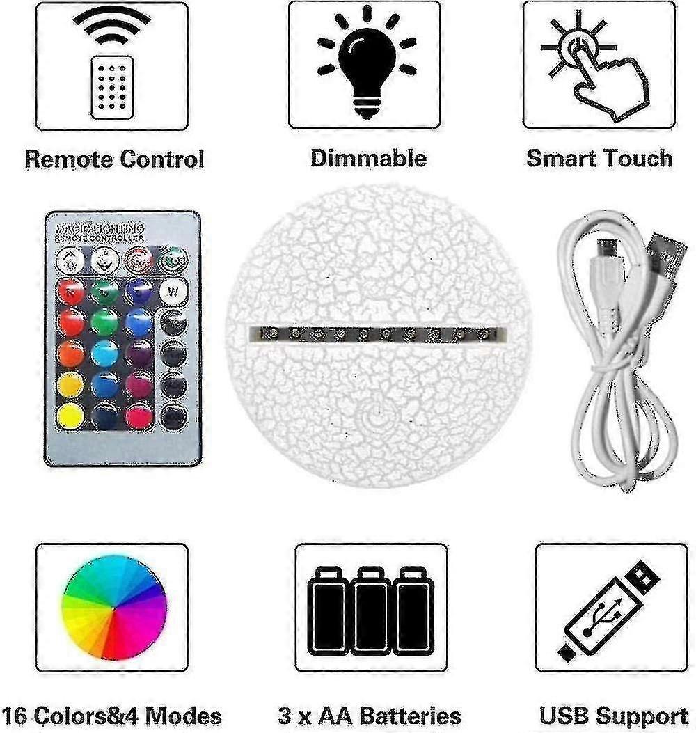 3d Lamps With Remote Control, Led Lamp 16 Color Light Dimmable Touch Switch Usb / Battery Insert