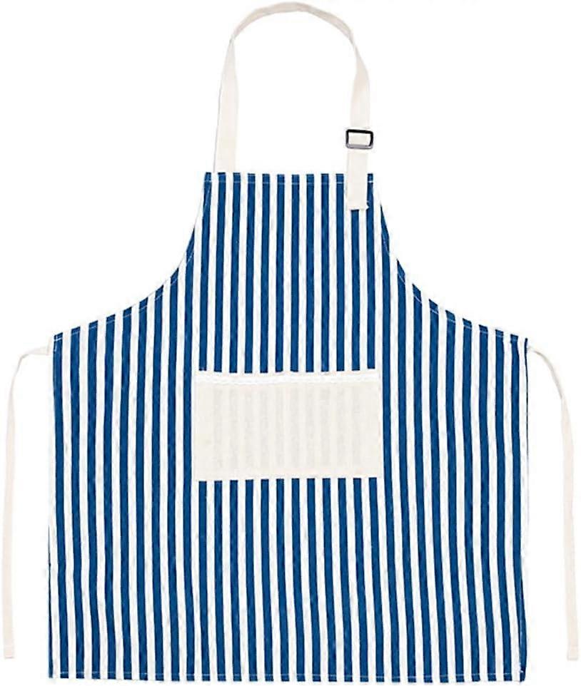 Striped Cotton Canvas Kitchen Apron with Two Practical Pockets for Cooking Blue