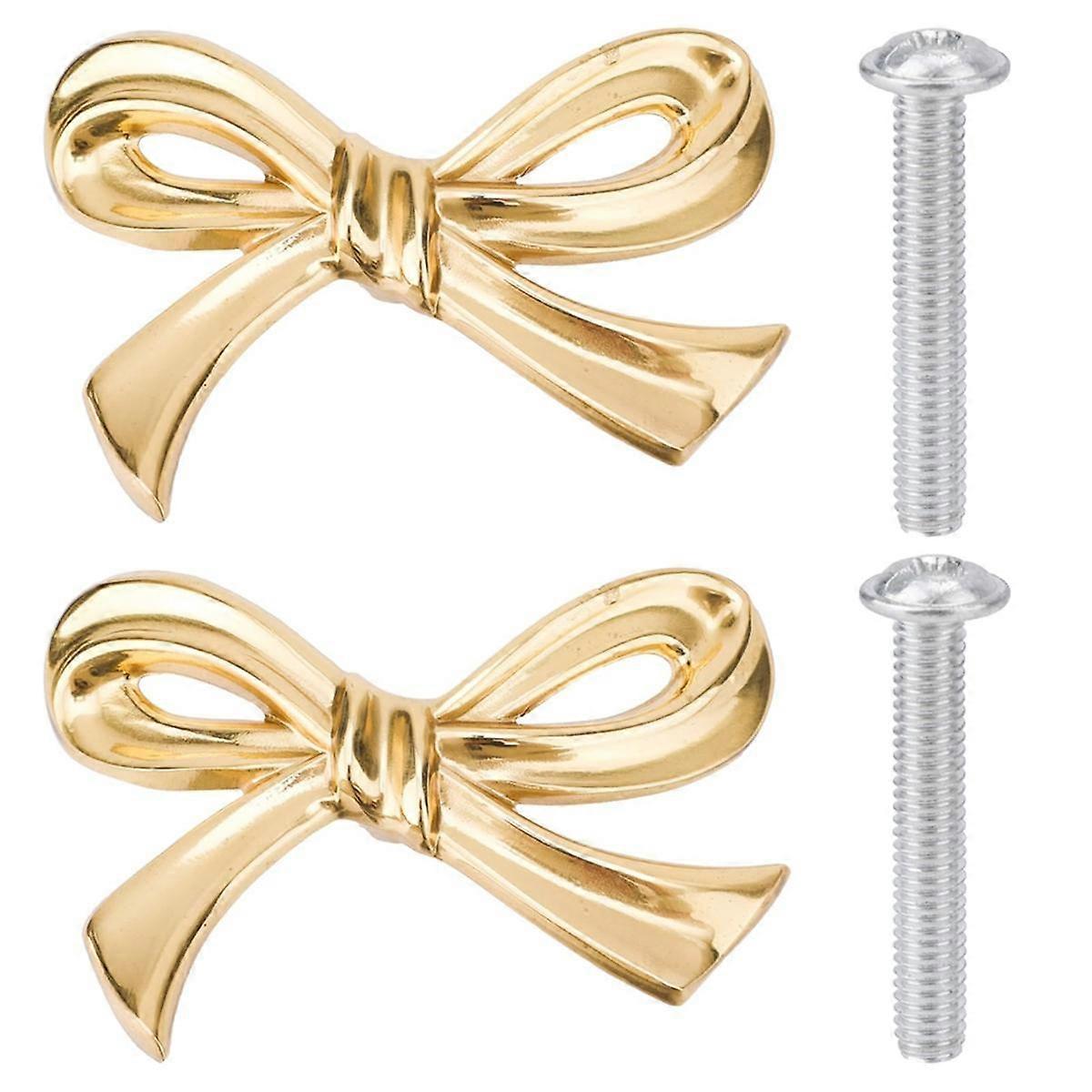 2pcs Gold Brass Bow Dresser Knobs, Vintage Bow Shape Drawer Pull Handles for Cabinet, Wardrobe, Kit