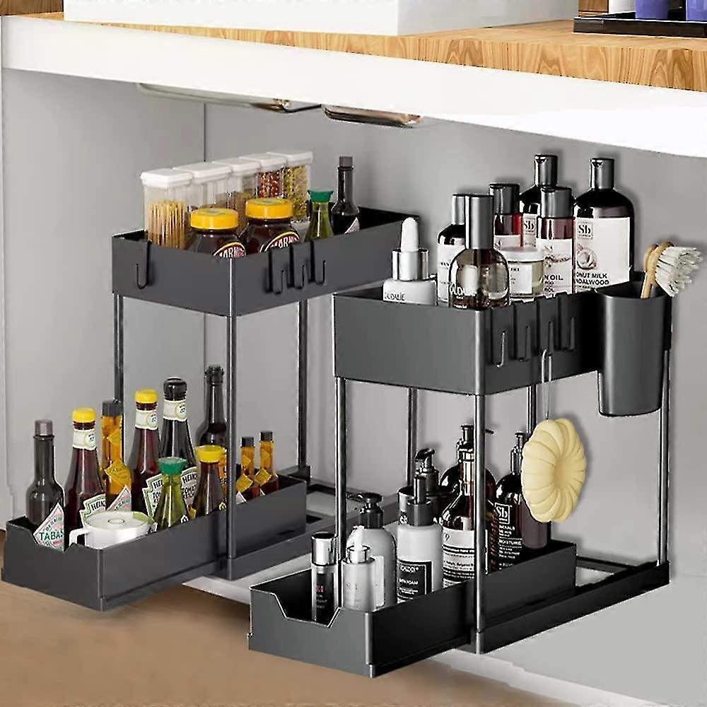 Under Sink Organizers And Storage, 2 Tier Sliding Under Bathroom Cabinet Organizer With 4 Hooks 1 Hanging Cup Multi-use