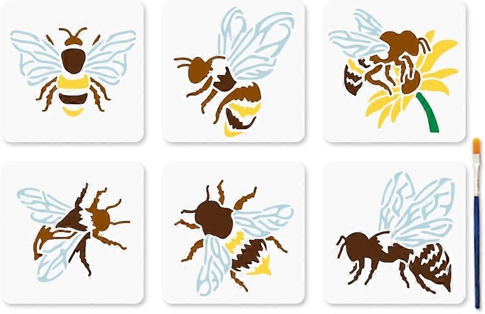 6Pcs Bee Painting Stencils Bumblebee Flower Patterns Template 5.9x5.9inch Insect Theme Reusable Plastic Stencil with Paint Brush for Painting on Wood