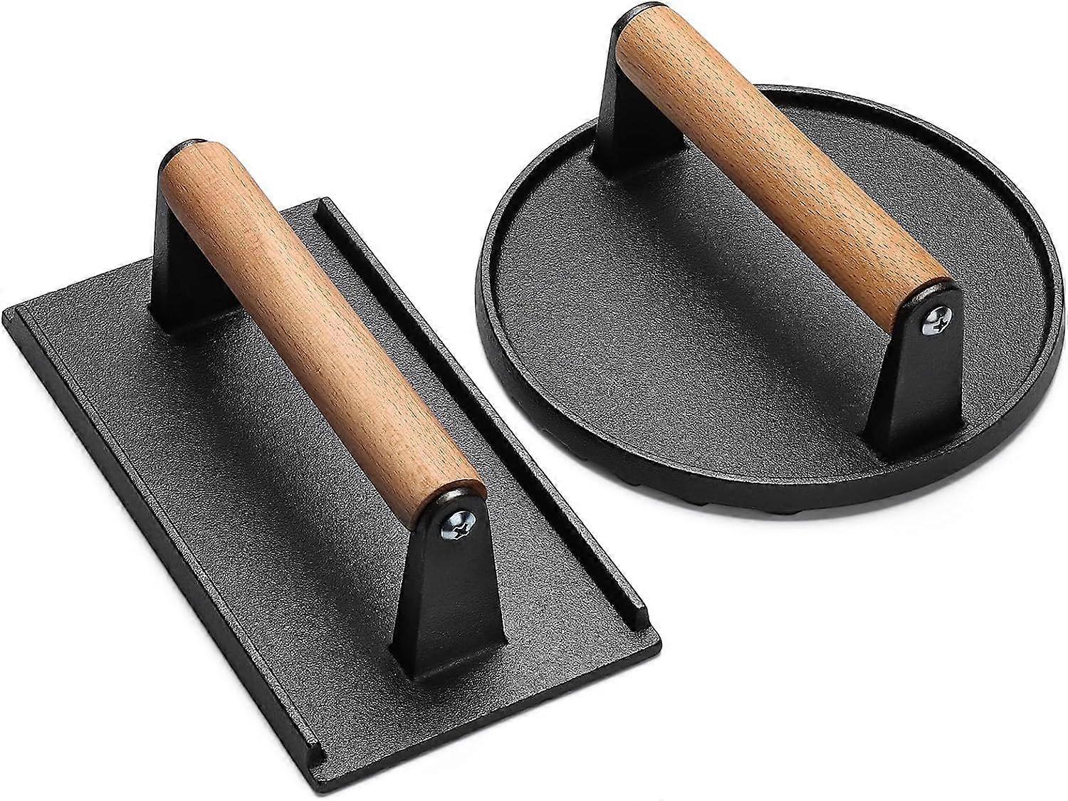 Burger Press,Rectangle Heavy-Duty Cast Iron Smash Bacon Press Meat Steak with Wood Handle for Griddle, Sandwich, Nonstick Pan