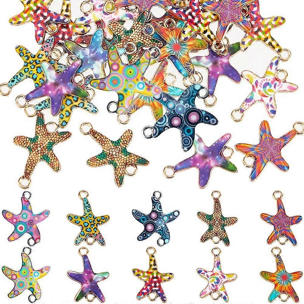 60Pcs 10 Colors Printed Alloy Connector Charms Starfish Links Light Gold Mixed Color 23x16x1.5mm Hole: 1.8mm 6pcs/color
