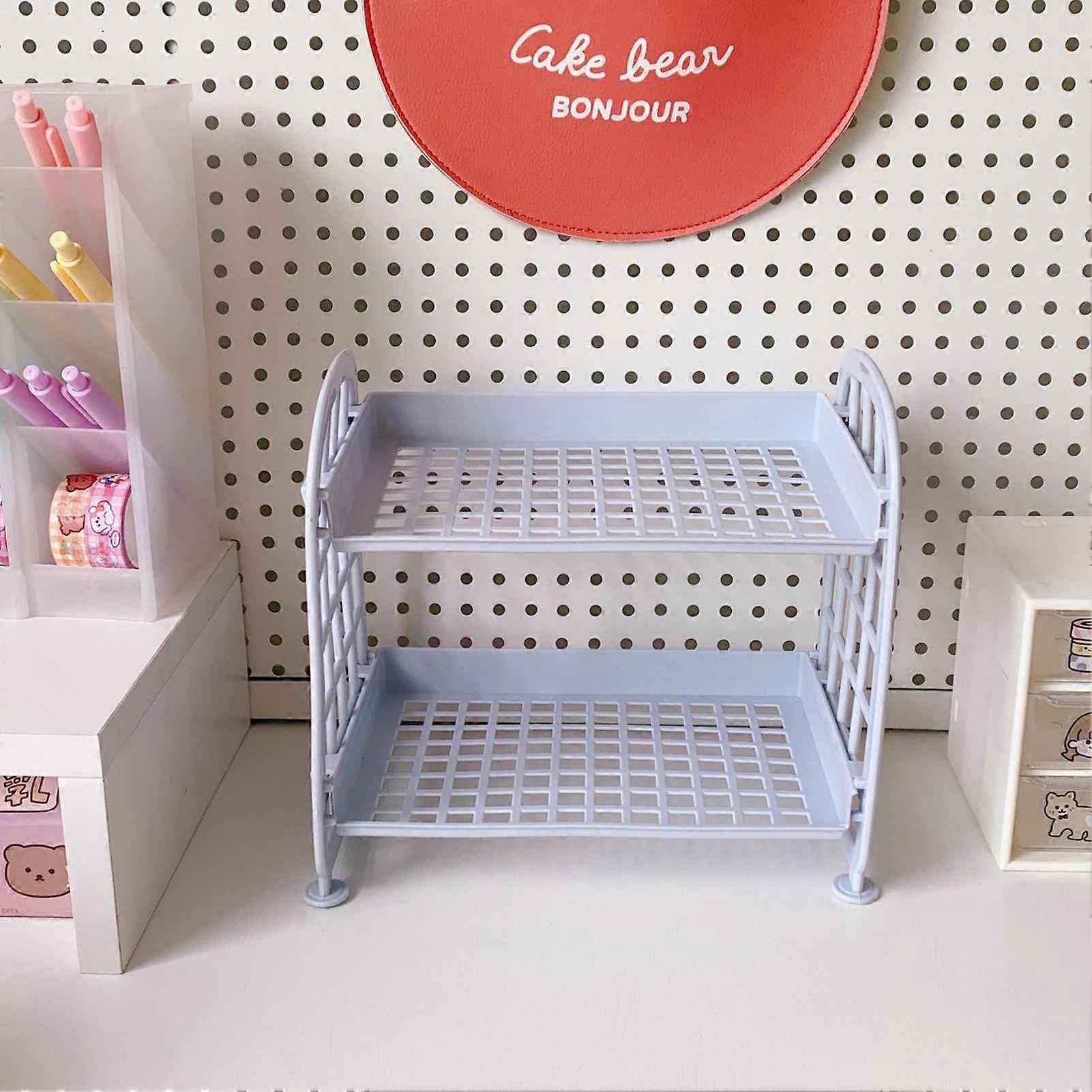 2 Layer Desktop Shelf Side Guardrail Design Foldable Double Layer Stacking Cosmetic Stationery Storage HolderMorandi Blue