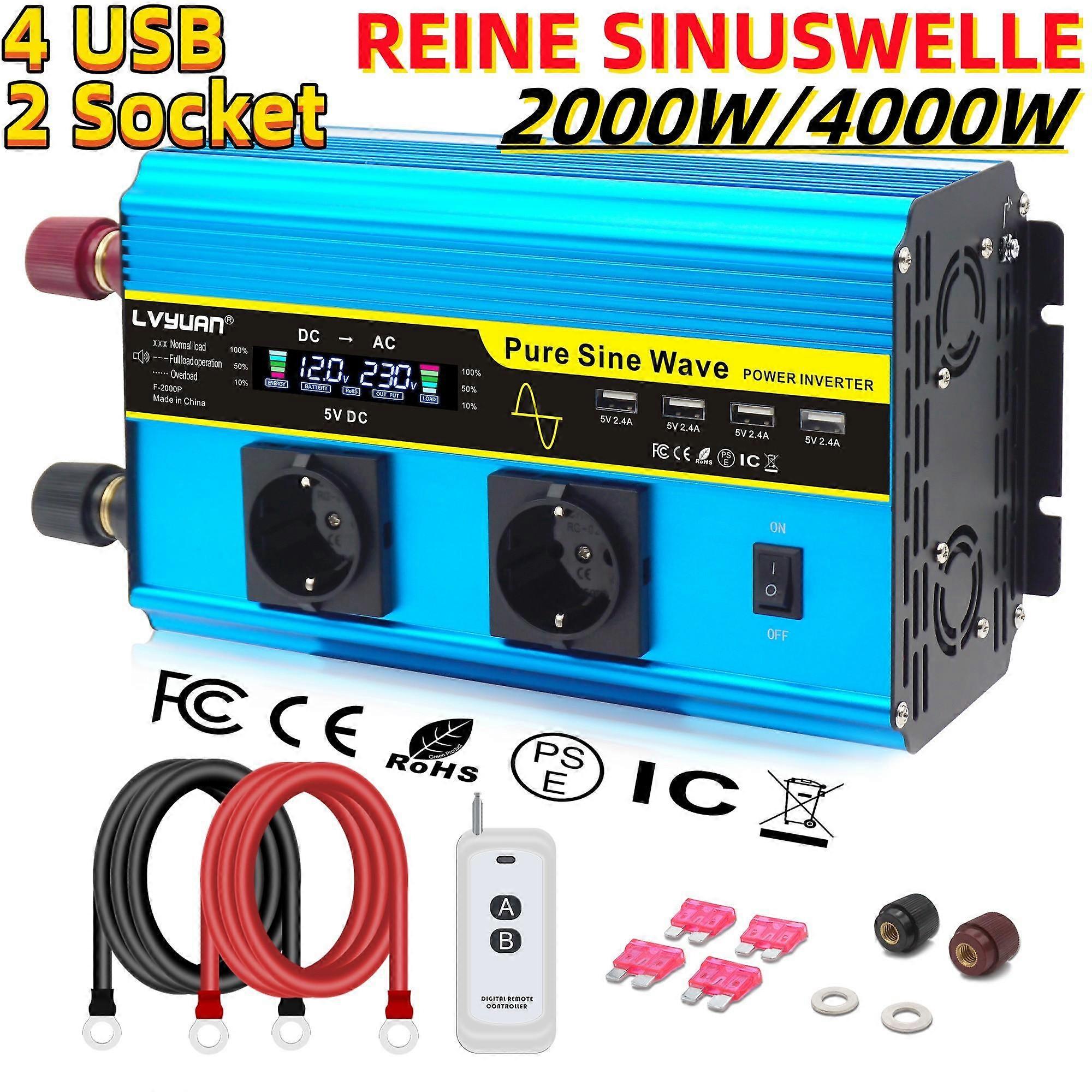 4000 Watt (Peak) 12V/24V to 230V 2000 Watt Rated Pure Sine Wave Inverter for Trucks, RV's with 5V 2.4A USB 2xAC Outlet, Wireless Remote Controls