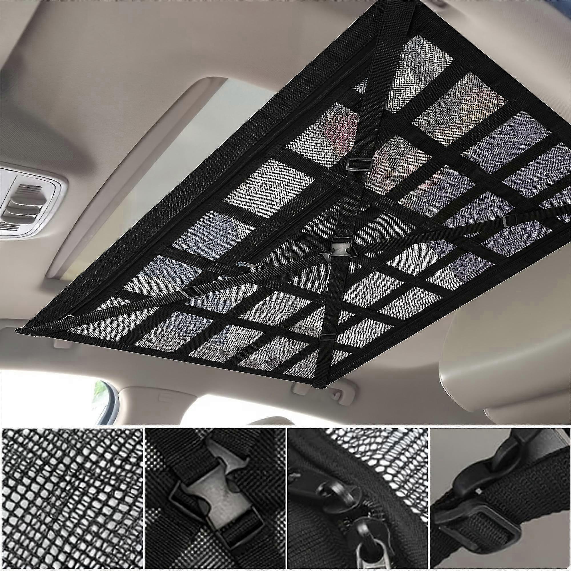 Car Ceiling Cargo Net Pocket, Adjustable Cross Strap Strengthen Load Car Ceiling Storage Net, Double Layer Mesh Car Organizer With Zipper