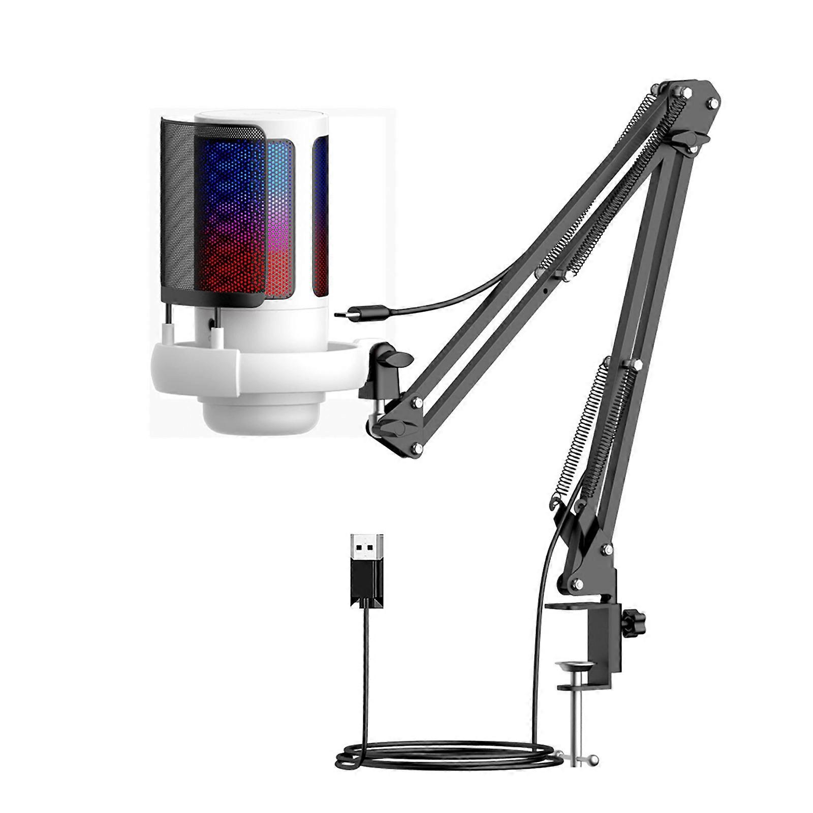 USB Gaming Mic Condensator Microfon LED Cool Lumina Caracteristică pentru PC cu braț flexibil și monitorizare a sunetului în timp real alb