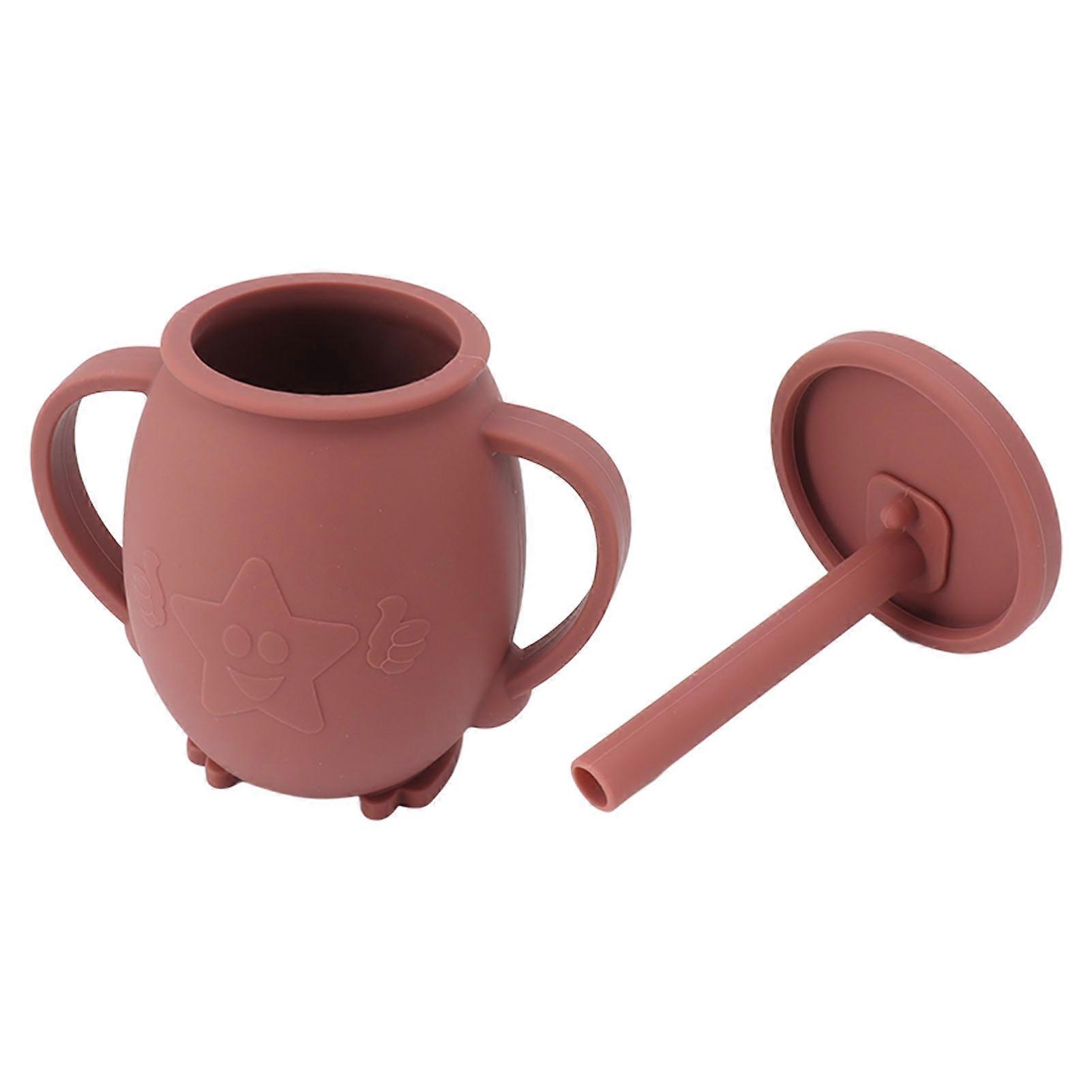230ml Toddler Cups Silicone Training Sippy Cups with Straw Lid Non Slip Handles Spill Proof Trainer Cup for Baby Toddler Infant Brown