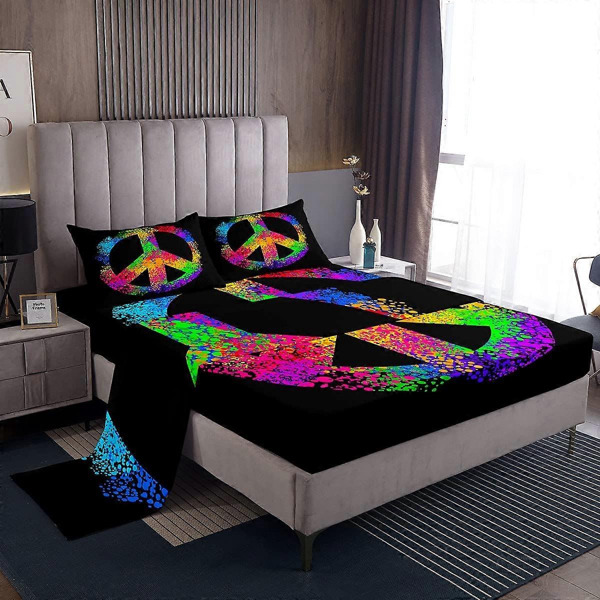 Colorful Hippie Peace Art Decor Soft Rainbow Boho Tie Dye Sheet Set Twin Size Bedding Boho Decor