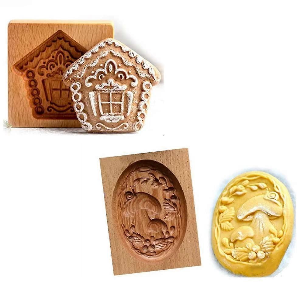Wooden Cookie Molds Set of 2 for Gingerbread House and Mushroom Cake Shape Fondant Press Stamp Cutter