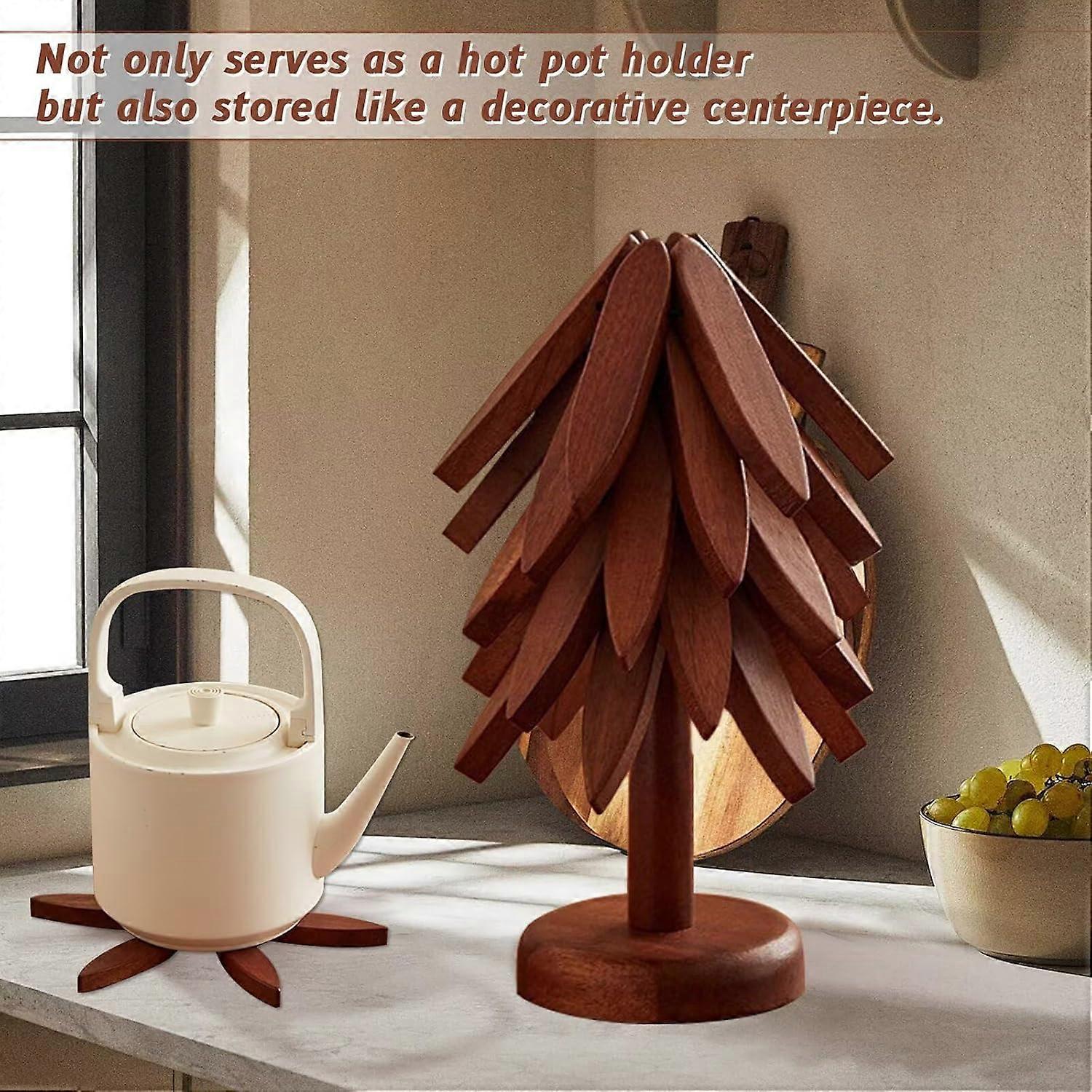 Set Of 4 Foldable Wooden Tree Coaster Trivets With Stand - Natural Beechwood Heat Resistant Pads For Hot Pots, Plates, Mugs 5 thumbnail image