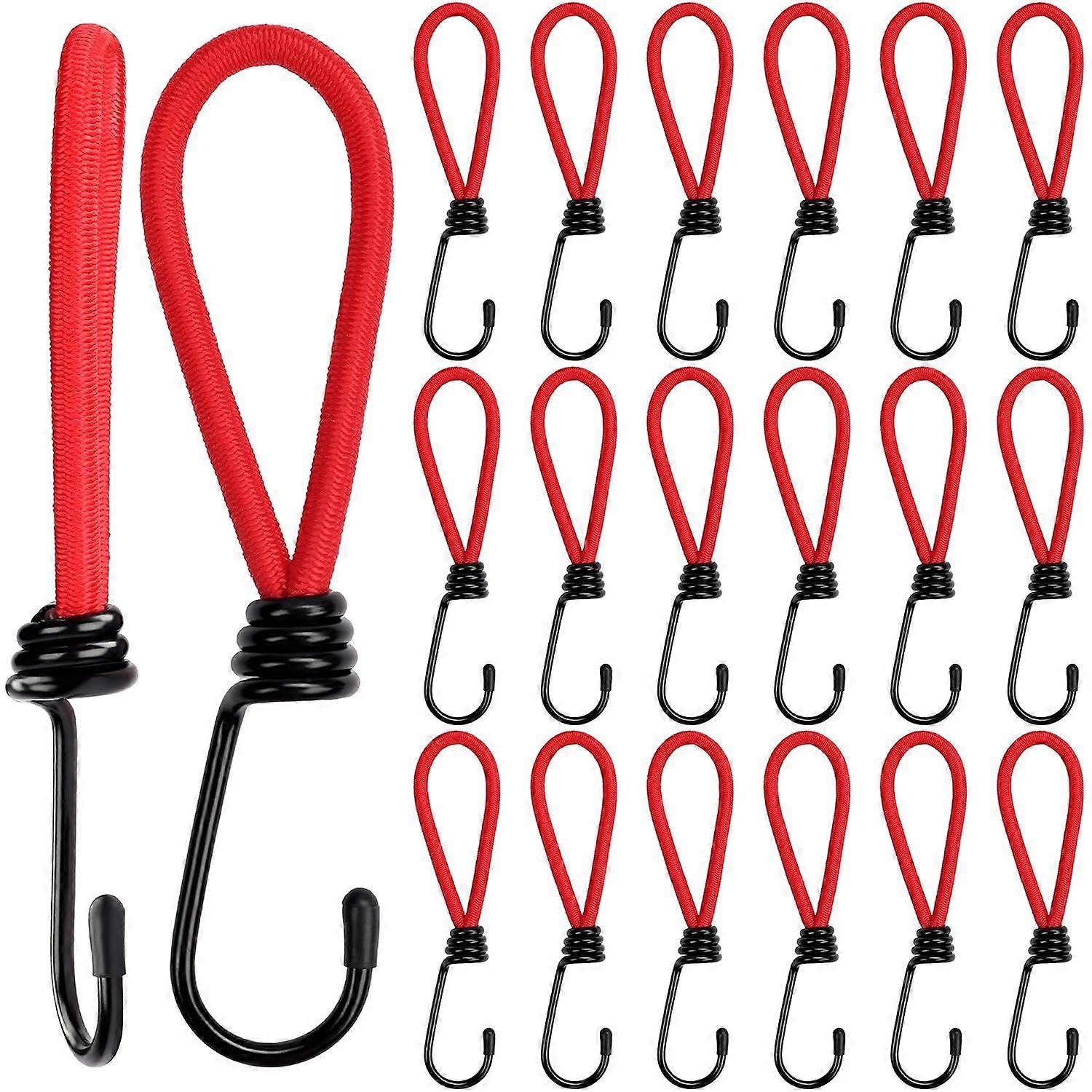 Pack of 20 Bungee Cords with Metal Hooks - 15 cm - Red Tarpaulin Bungee Cord Heavy Duty Bungee Cord Hook for Camping, Tarps, Canopy Tents