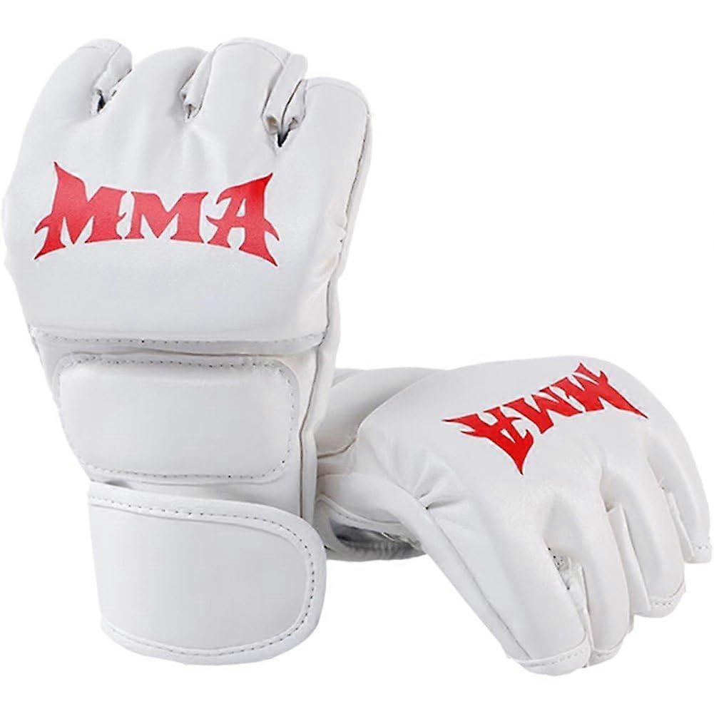 MMA Gloves Half-Finger Boxing Gloves with Adjustable Wrist Strap for Sparring and Heavy Bag Training in White Color