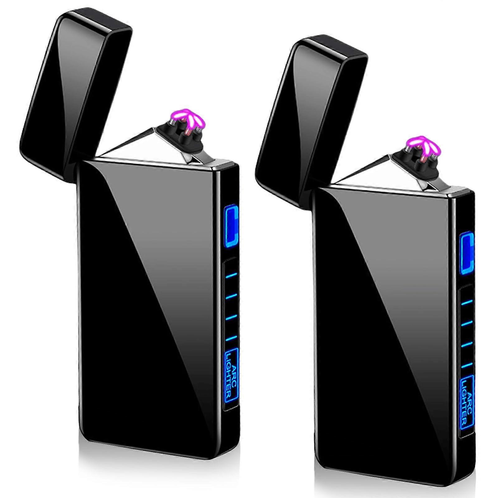 USB Electronic Lighter, Pack of 2 Electric USB Lighter with LED Dual Arc, Battery Indicator, Windproof, Plasma Lighter at the Touch of a Button