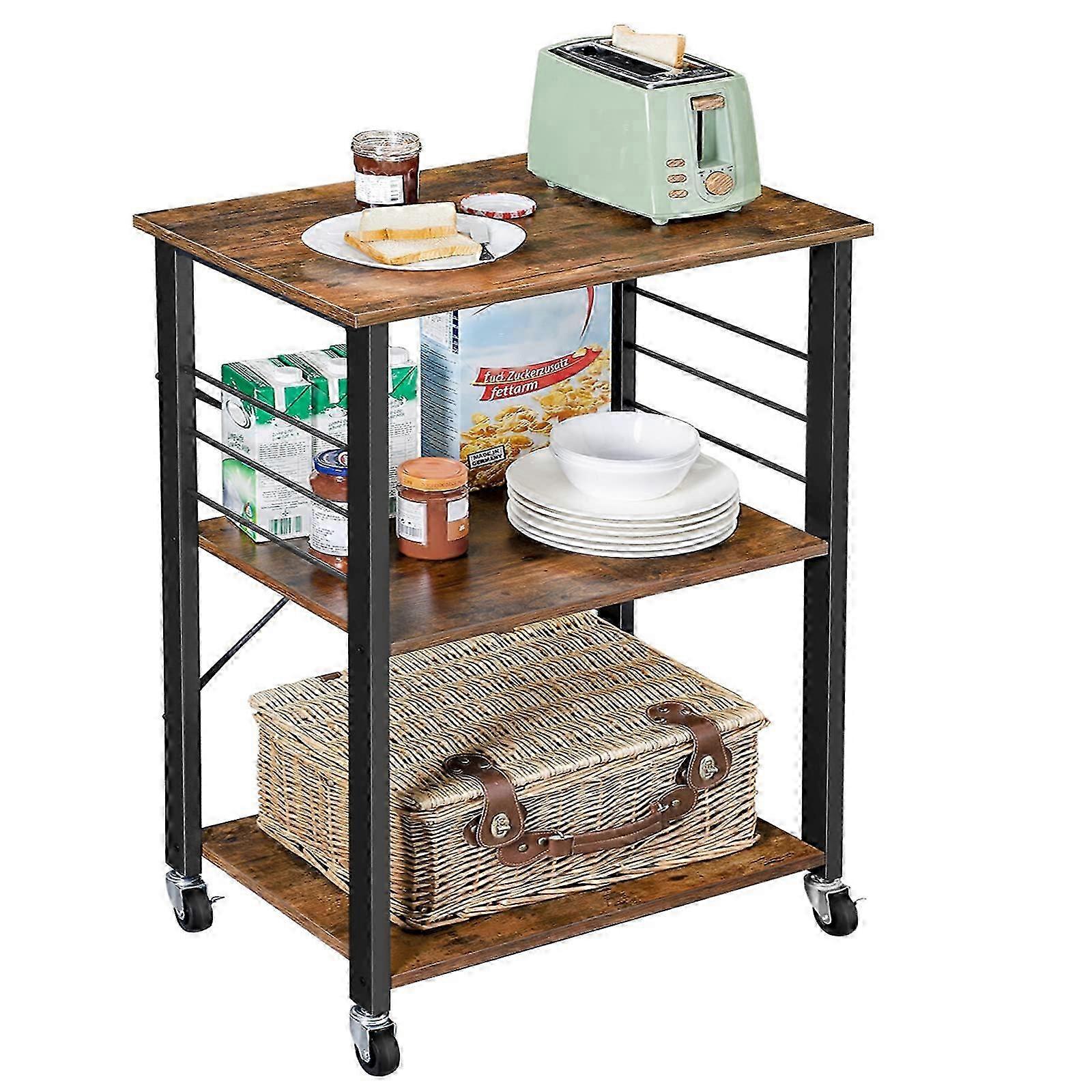 עגלת מטבח על גלגלים בסגנון תעשייתי כפרי חום ושחור מעמד מיקרוגל