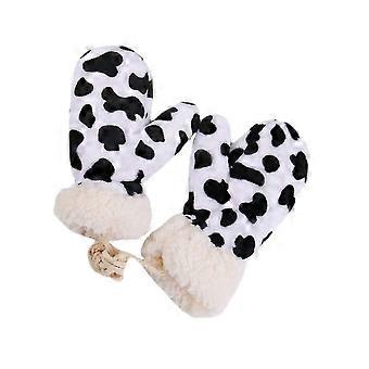 Cow Print Thickened Mittens Winter Warm Gloves Plush Mittens Annimal Cows Gloves Hanging Neck Gloves