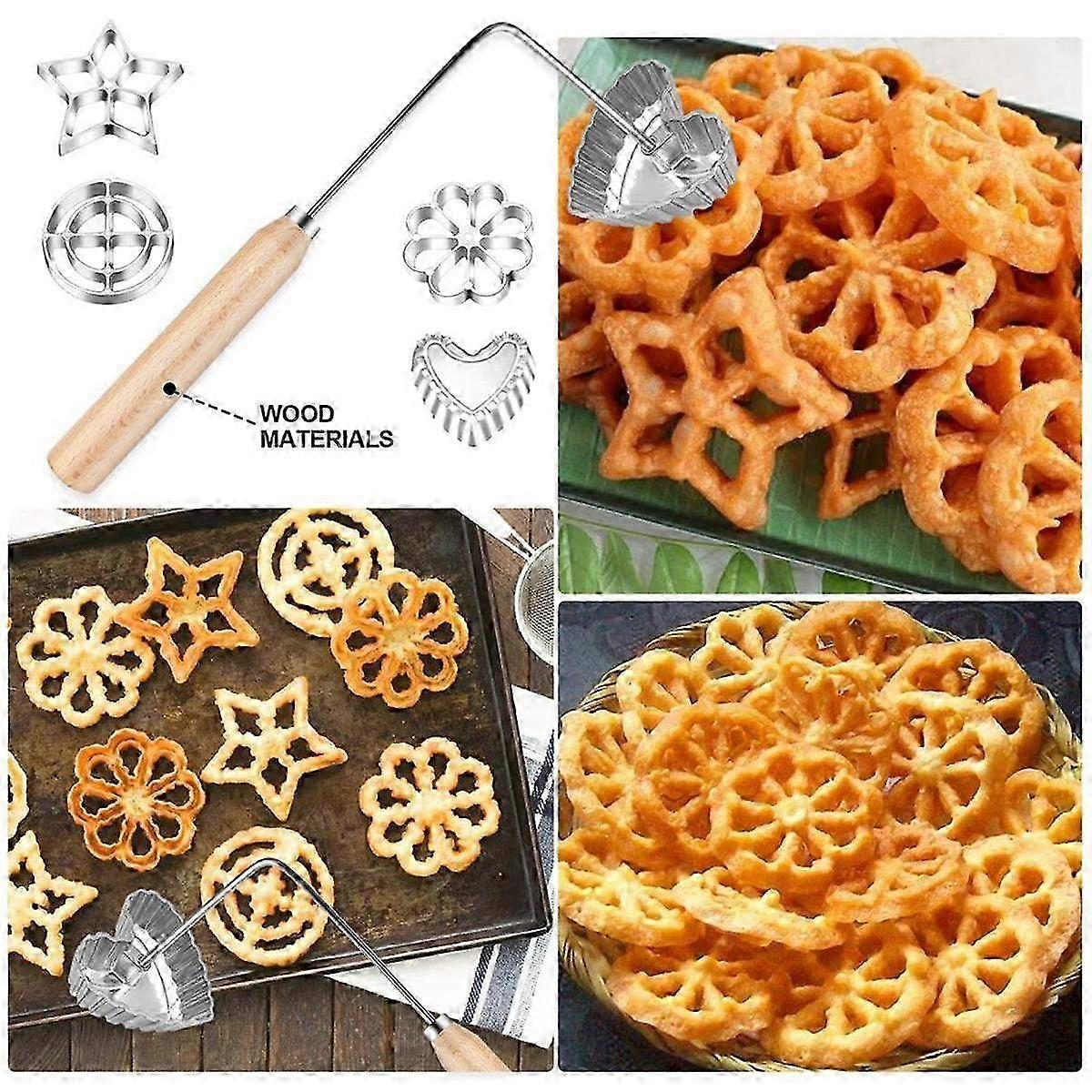 5PCS Bunuelos Mold Set with Wooden Handles for Making Cake Snacks, Rosette Cookies and Traditional Bunuelos