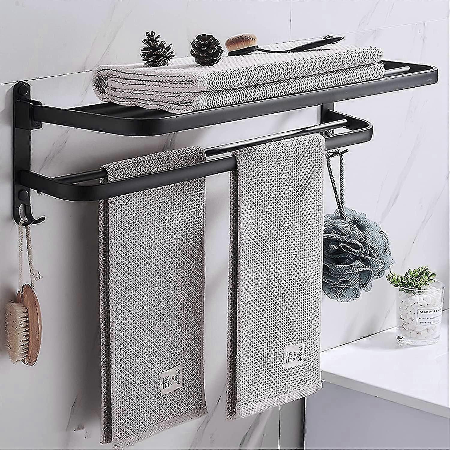 Matte Black Towel Shelf, Stainless Steel Construction Ensures Durability And Large Storage, 60 Inch Wall Mounted Towel Rack With Hooks For Quick