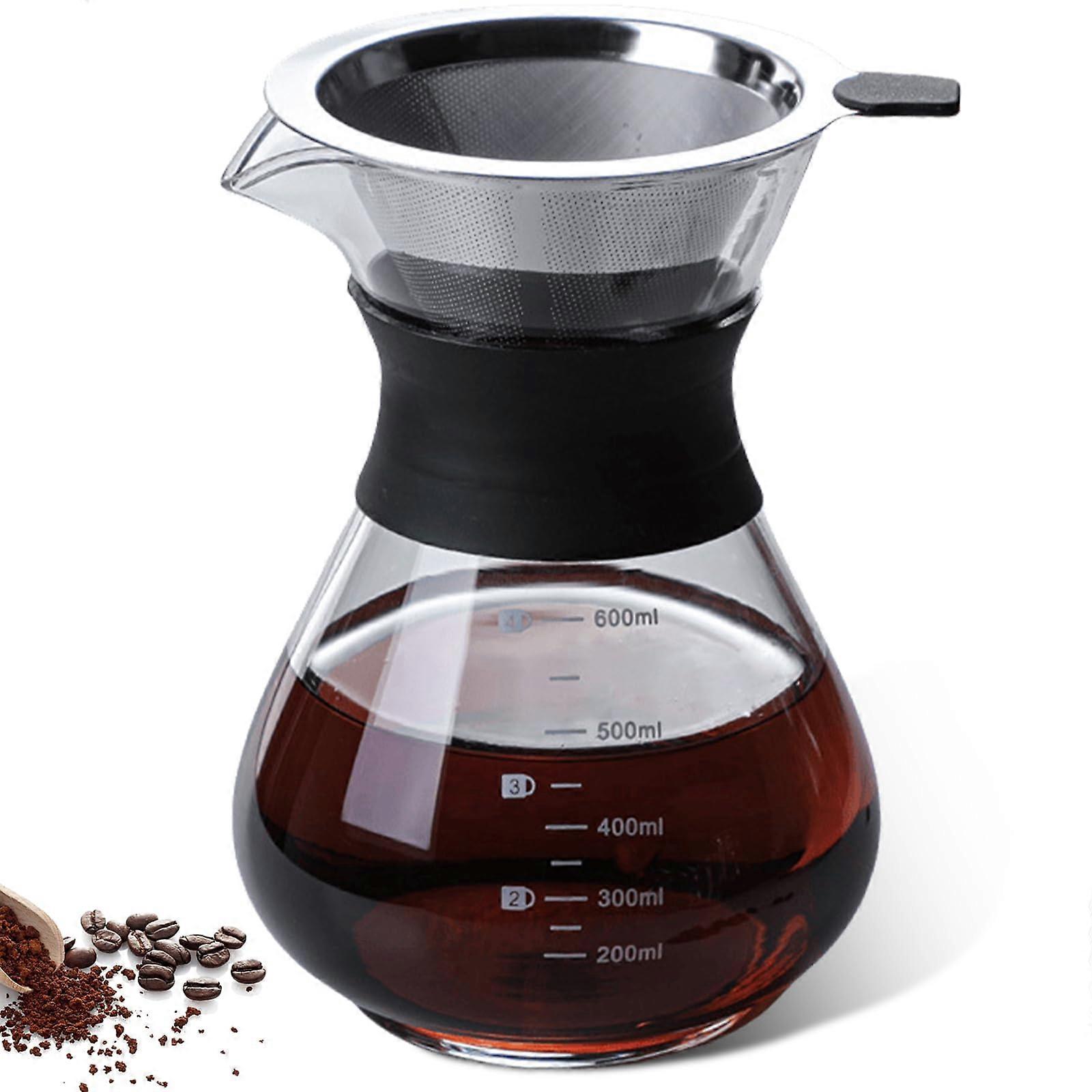 Pour Over Coffee Maker 600ml Glass Brewer with Stainless Steel Permanent Filter Perfect for Home Cafe and Camping
