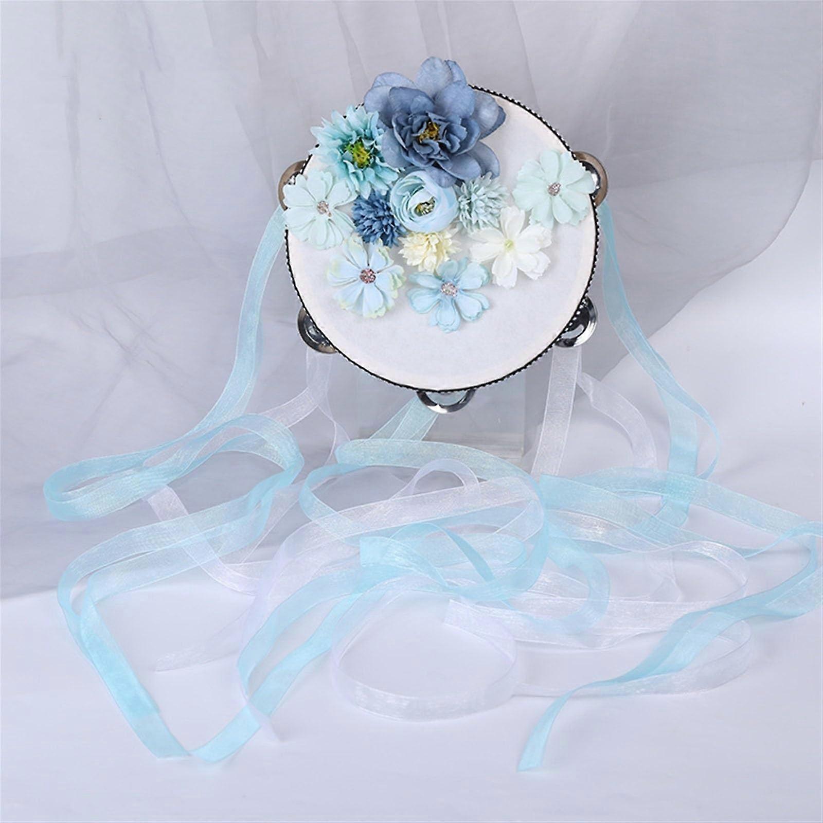 Tambourine Colorful Flower Design With Ribbons Single Row Chime Drum Hand Drum For Church Dance Party KTV Color J