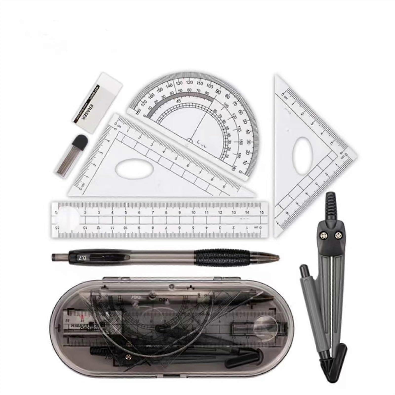 Compass Set of 8 Math Compass and Protractor Set with Shatterproof Case, Includes Rulers, Pencil Sharpener, and Eraser for Geometry