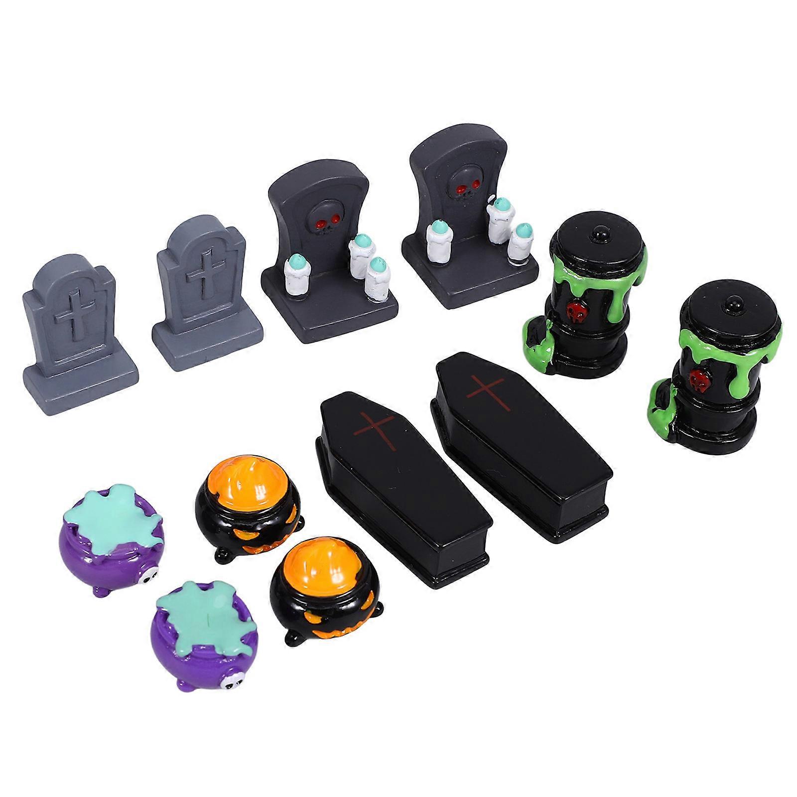 Halloween Miniature Resin Statues Set of 12 Table Centerpiece Lightweight Craft Decor with Potion Cauldron Pumpkin Stove Trash Bin Black Coffin Tomb