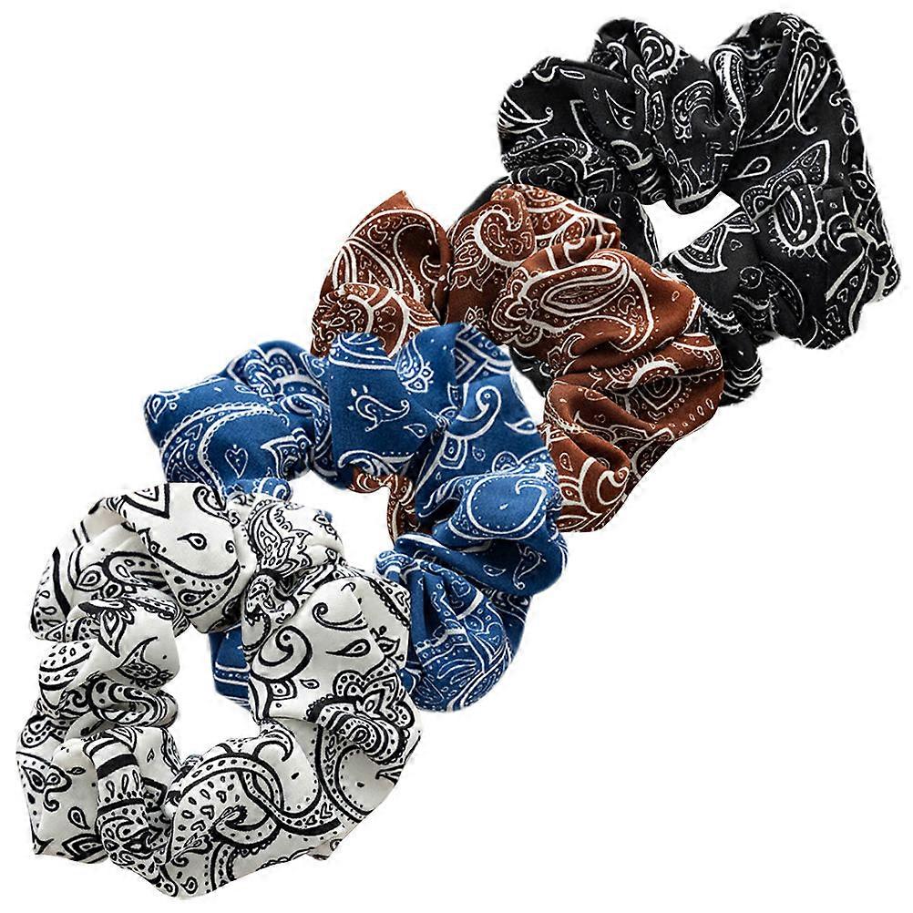 4pcs Floral Fabric Hair Ties for Women, Elastic Scrunchies in Yellow, Black, and Vintage Blue – Stylish and Gentle Ponytail Holders for Versatile Use