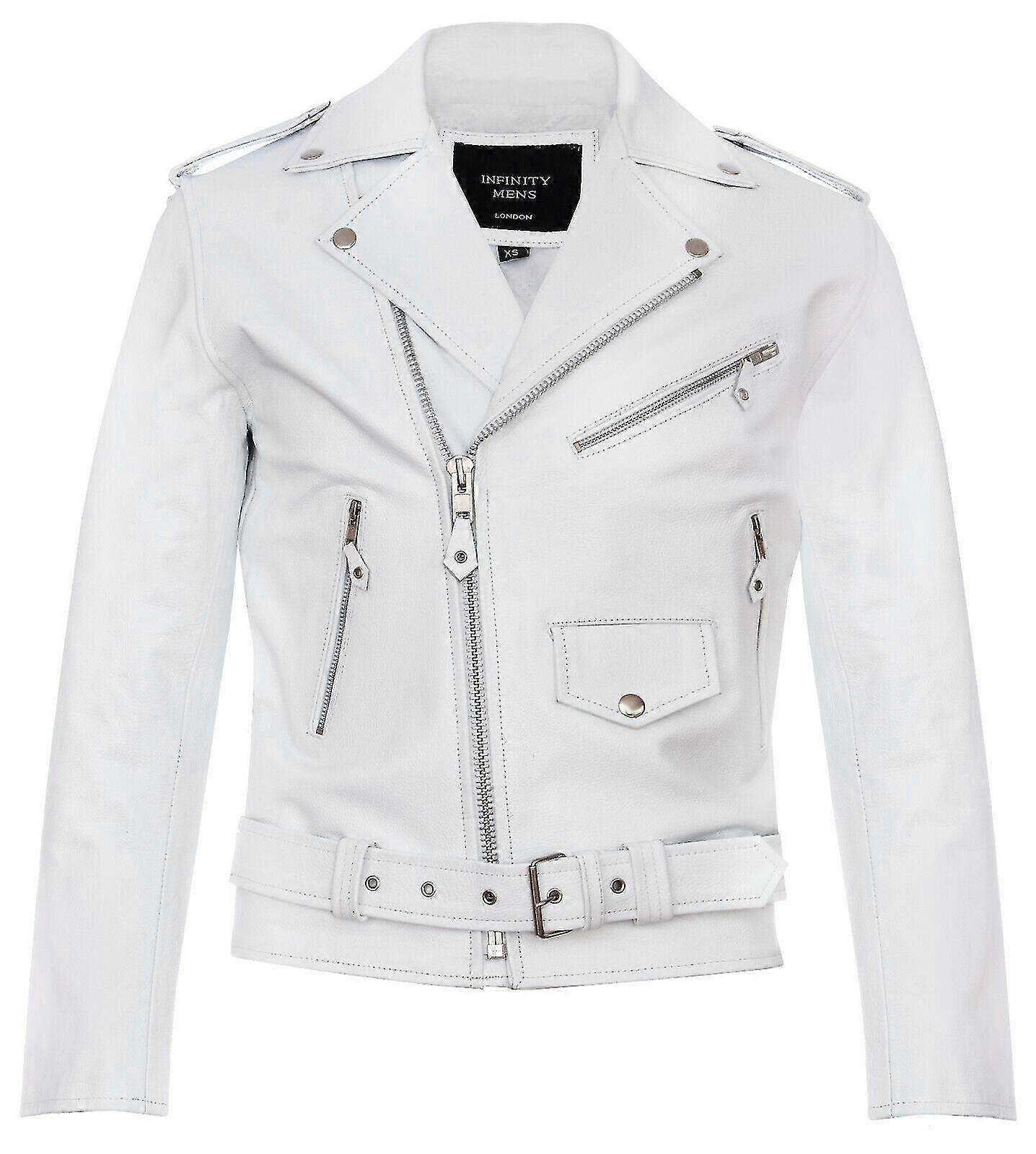 Mens White Brando Cowhide Leather Biker Jacket