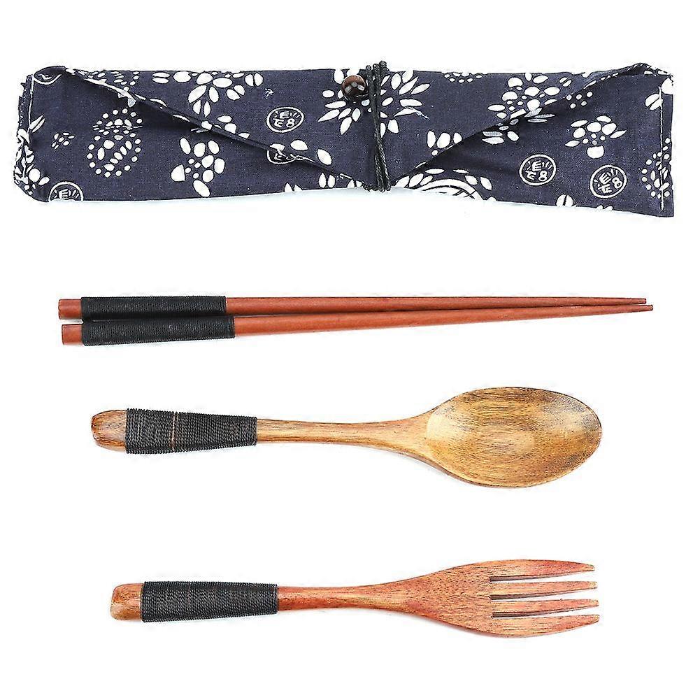 4-Piece Portable Wooden Dinnerware Set with Chopsticks, Forks, and Spoons and a Bag for Picnic and Travel