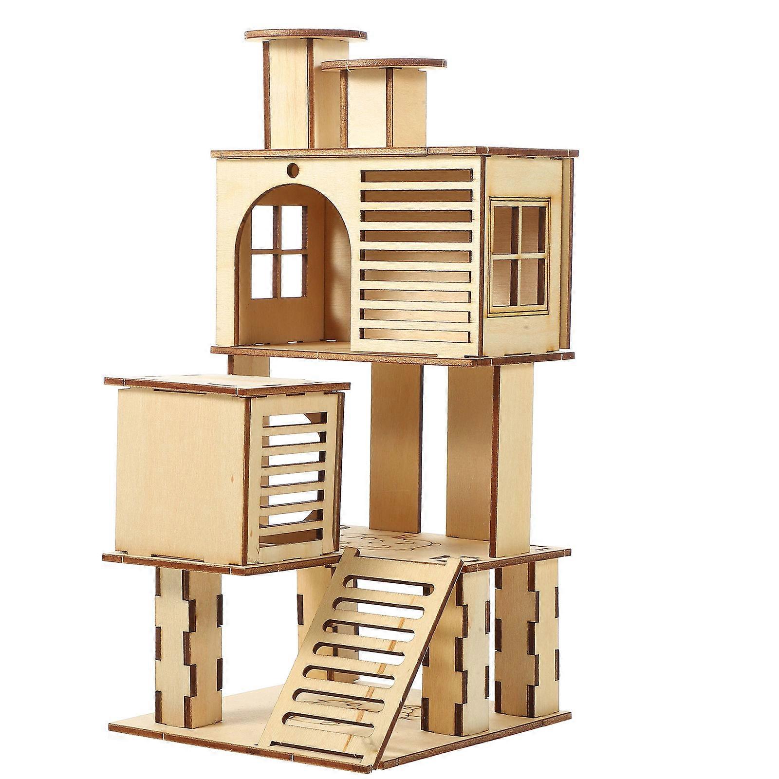 Wooden Ladder Design Slide Platform House For Hamsters 11X10X22CM Khaki Exercise 1 Pcs